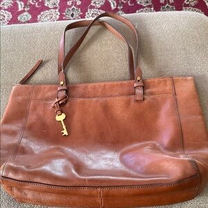 Fossil Brown Leather Large Handbag Tote Purse with Key Charm (TD)